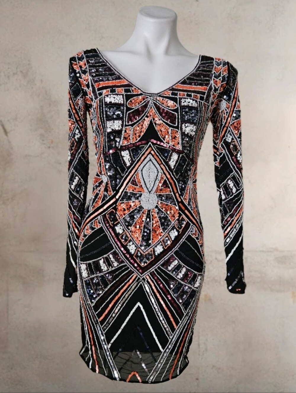 NWT/ Gold Label Wow Couture Sequin Beaded Sequin  Geometric Bodycon Dress Small